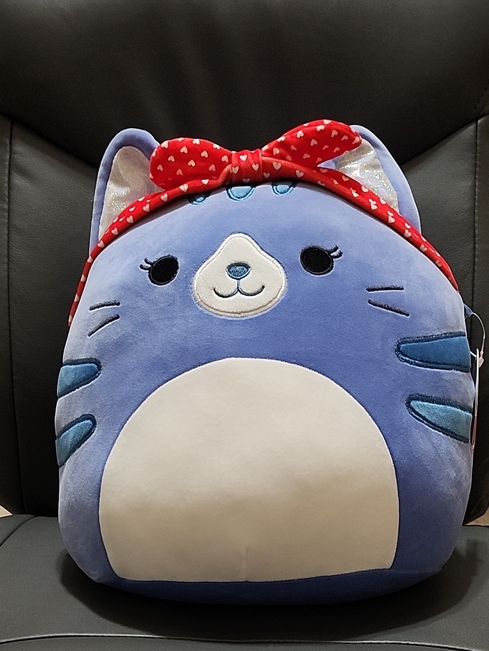 Squishmallow (Carizma) Blue Plush Cat with Red Heart Bow 12"